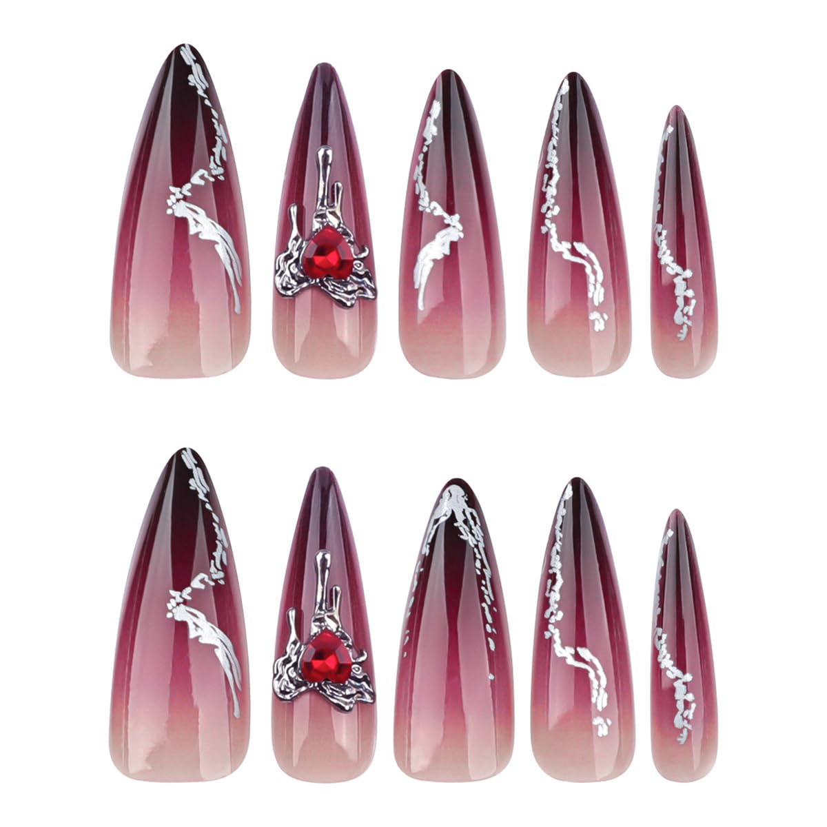Stiletto Press on Nails Red Fake Nails Press ons with Heart Nail Charms Designs Long Ombre False Nails Acrylic Nails Full Cover Glue on Nails Artificial Stick on Nails for Women Manicure 24 Pcs - Image 4