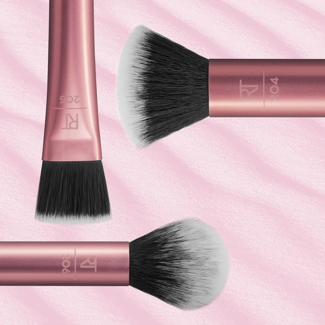 Real Techniques Flawless Base Makeup Brush Kit 2.0, Face Brush Set for Liquid, Cream, & Powder Products, Bronzer & Foundation, Streak Free Makeup Application, Soft Synthetic Brushes, 3 Piece Set - Image 2