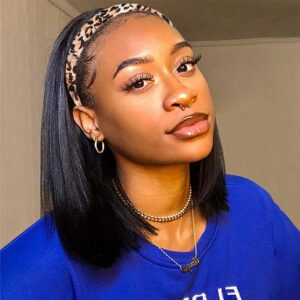AISI Bob Headband Wig Human Hair Short Straight Headband Wigs Remy Hair Easy Wear and Go Glueless Wigs Bob Headband Wigs for Women Black Color(150% Density 12Inch)