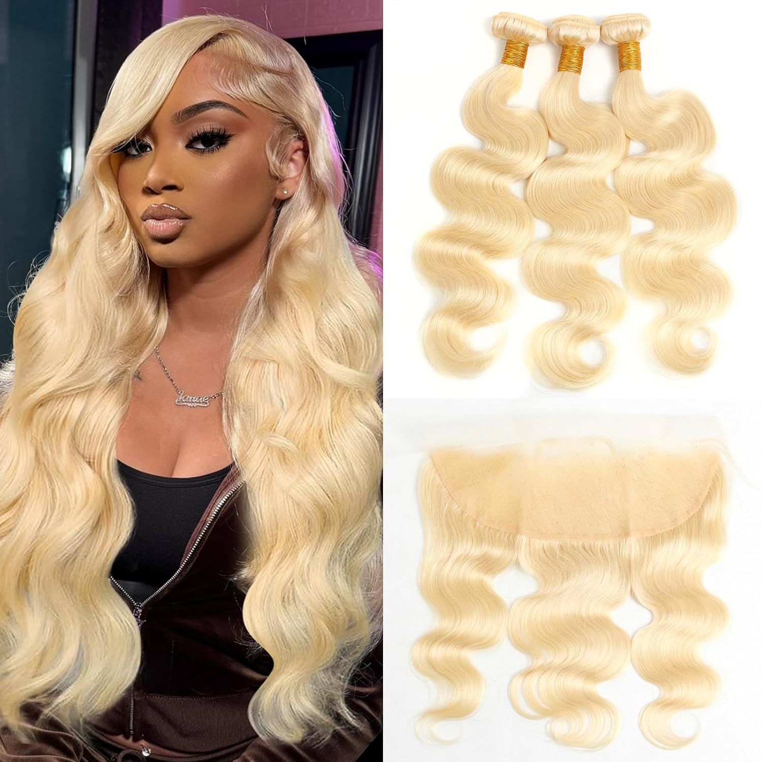 613 Human Hair Bundles with Frontal 16 18 20 + 14 inch Blonde Body Wave Bundles with Closure Human Hair 100% Unprocessed Virgin Human Hair Weave Extensions with 13x4 Transparent Lace Frontal