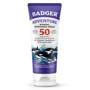 Badger Mineral Sunscreen SPF 50 with 98% Organic Ingredients& Zinc Oxide, Reef Safe/Reef Friendly Sunscreen, Hypoallergenic, Water Resistant, Unscented Adventure Sport 2.9 fl oz