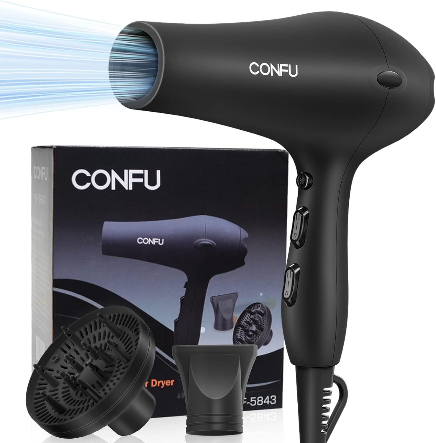 Professional Salon Hair Dryer, CONFU Negative Ions Ceramic Quick Drying Blow Dryer, Lightweight Travel Hairdryer for Normal & Curly Hair Includes Diffuser Styling Nozzle