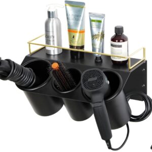 J JACKCUBE DESIGN Hair Dryer Holder Wall Mount Bathroom Vanity Hair Styling Care Tool Accessories 3 Cups Storage Organizer Caddy with Shelf Steel Black Gold- MK1002A (Black)