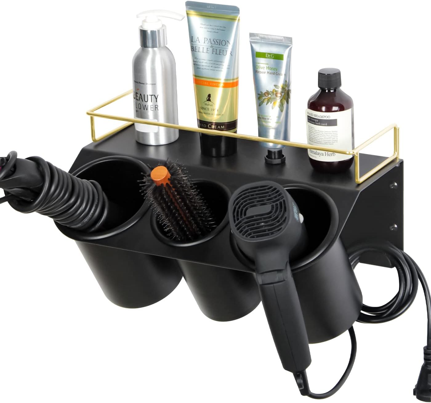 J JACKCUBE DESIGN Hair Dryer Holder Wall Mount Bathroom Vanity Hair Styling Care Tool Accessories 3 Cups Storage Organizer Caddy with Shelf Steel Black Gold- MK1002A (Black)
