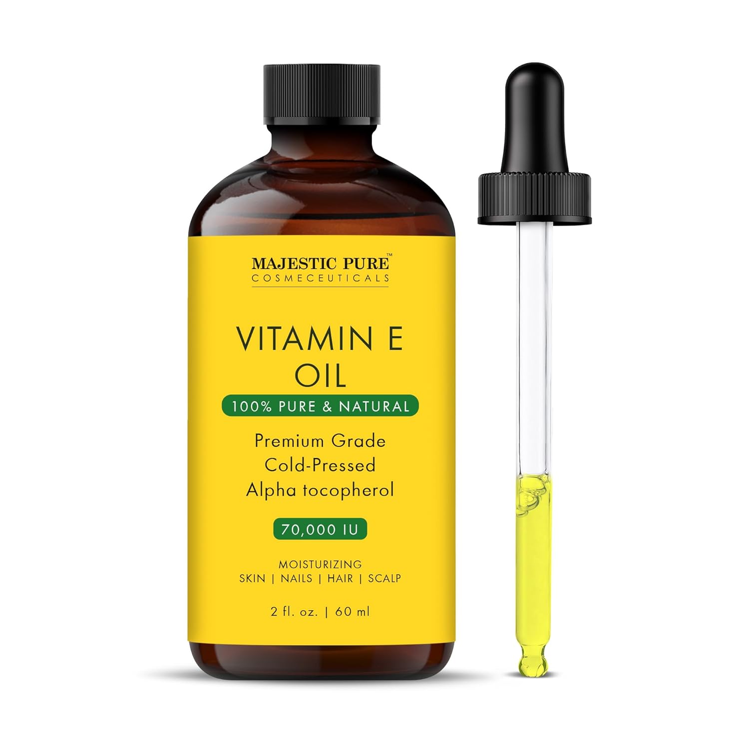 Majestic Pure Vitamin E Oil - 100% Pure & Natural | Premium Grade, Cold-Pressed and Tocopherol to Repair Dry, Damaged Skin | Moisturizing Skin, Hair and Scalp 2 Fl Oz
