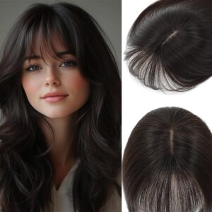 Toppers for Women Real Human Hair, 3D Human Hair Toppers for Women with Thinning Hair 165% Density Middle Part Clip in Bangs Toppers Hair Pieces (Dark Brown, Wispy Bangs)