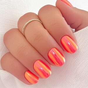 GLAMERMAID Press on Nails Extra Short Squoval, Orange Chrome Spring Summer Handmade Gel Glue on Nails, 24Pcs Glossy Round Reusable UV Finish Fake Nails Acrylic False Nails Manicure Kits for Women