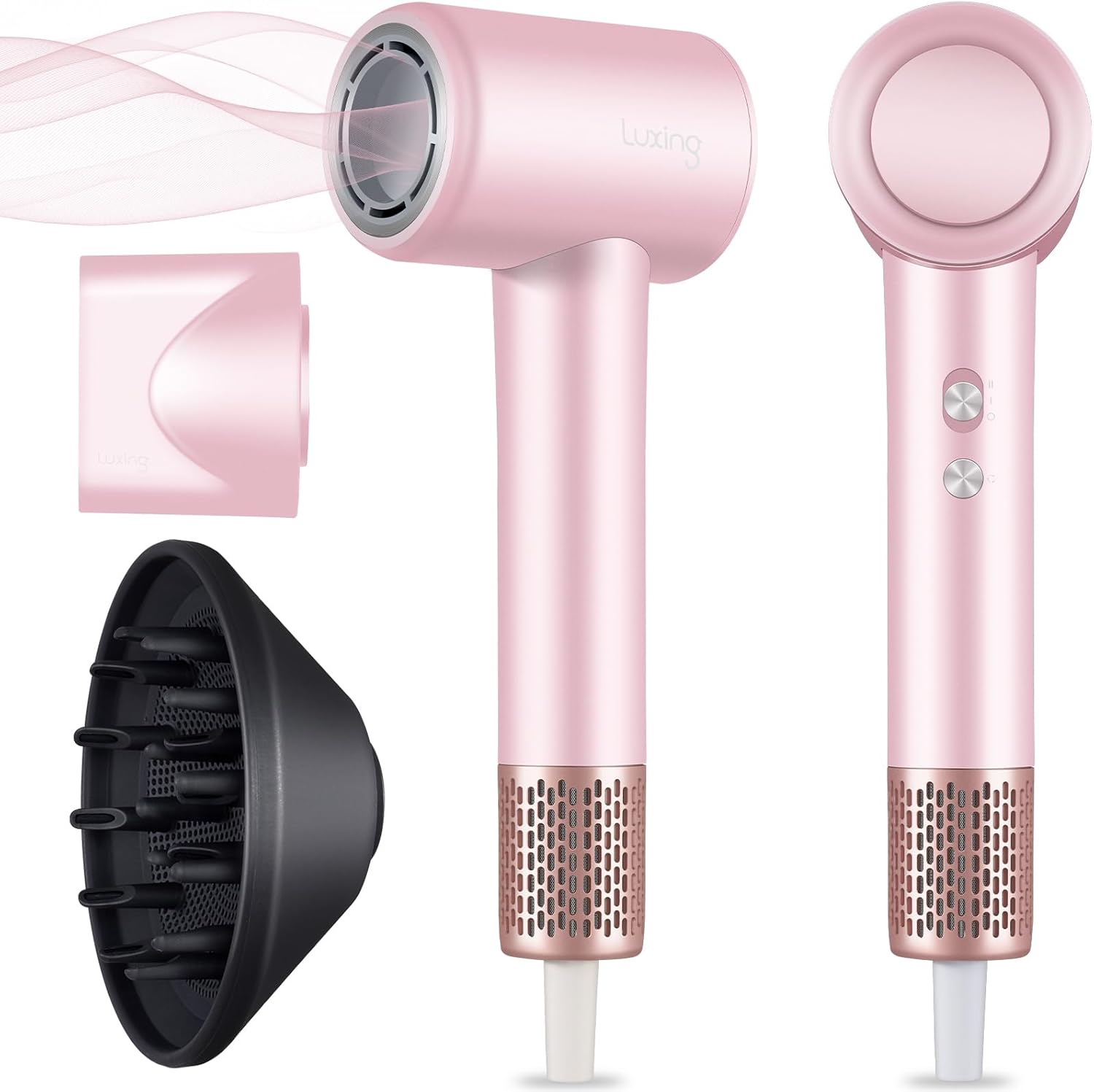 Professional Hair Dryer with Diffuser, TurboLux 1500W High-Speed Blow Dryer for Fast Drying, Lightweight, Ultra-Quiet, Diffuser Hair Dryer with 110000 RPM Brushless Motor (Pink)