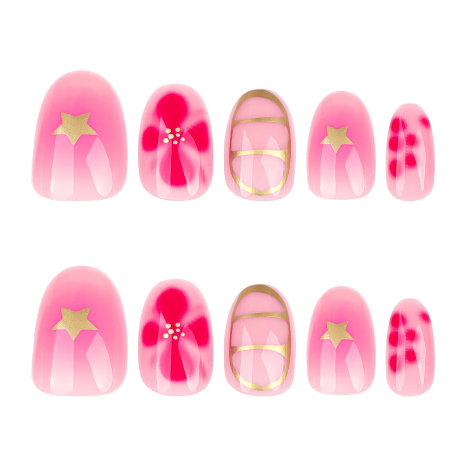 Almond Shaped Press on Nails Flower Fake Nails Glossy Acrylic Nails Spring Summer Glue on Nails Full Cover False Nails with Floral Star Design Cute Artificial Nails Reusable Stick on Nails for Women - Image 5