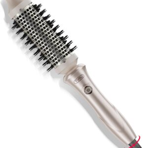 TYMO Thermal Brush Curling Brush - STYLUX 1.5 Inch Blowout Volumizer with Flexi-Fit for Hair Straightening, Heated Round Styler Tool, Hair Straightener and Curler 2 in 1, Dual Voltage, Gold