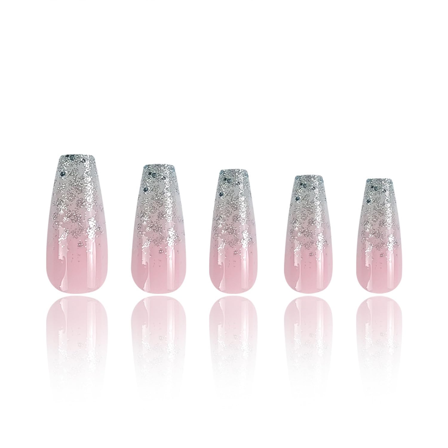 Glitter Press on Nails Coffin Long Pink False Nails With Designs Full Cover Reusable Acrylic Ballerina Artificial Glue on Nails for Women 24Pcs - Image 3