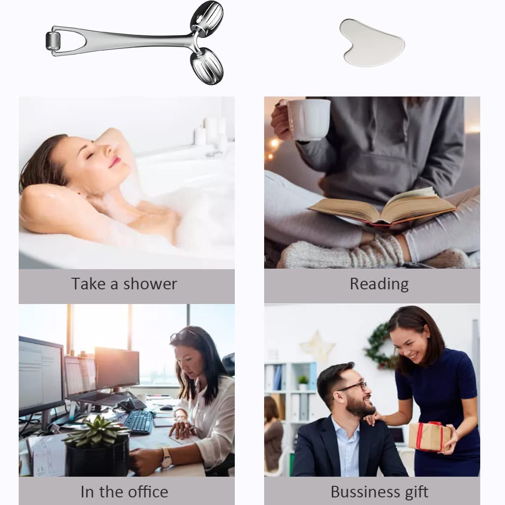 Yeamon Gua Sha Facial Tools and Face Roller Set, Facial Massage Tool for Women’s Skincare Routine,Cooling Stainless Steel Face Sculpting Eyes Roller Guasha for Daily Use or Self-Care Gift for Women - Image 7