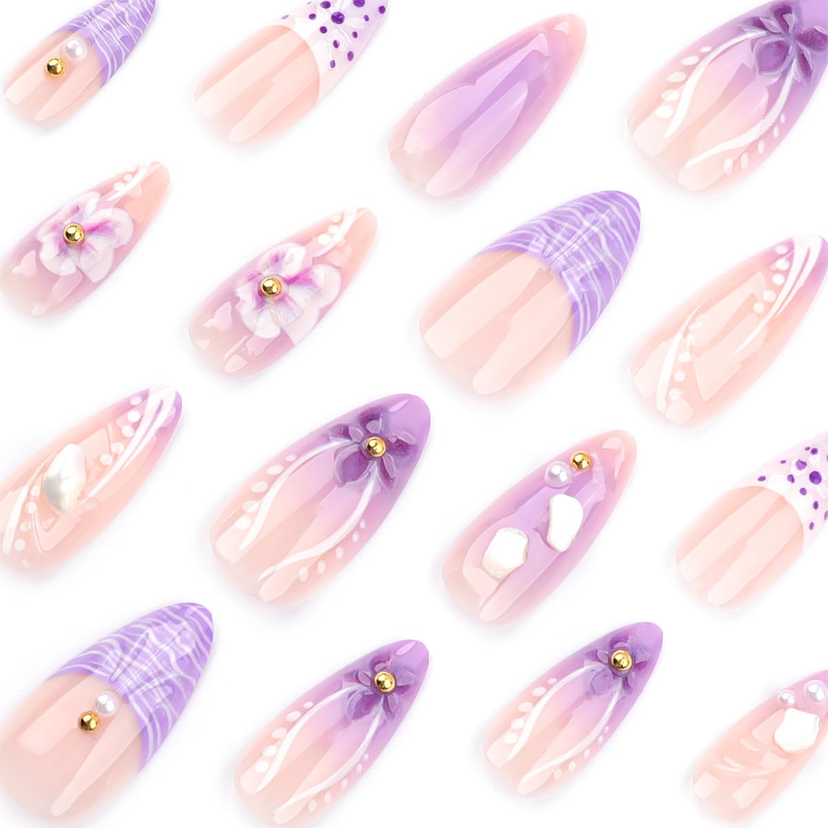 24Pcs French Tip Press on Nails Almond Medium Flower Fake Nails Purple Gradient False Nails with 3D Flowers Pearl Nail Designs Luxury Glue on Nails Acrylic Artificial Nails for Women - Image 2