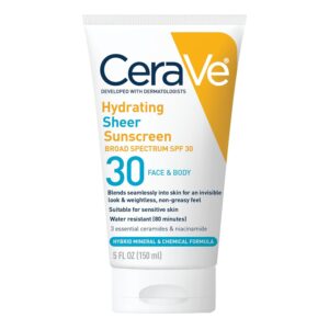 CeraVe Hydrating Sheer Sunscreen with SPF 30 for Face and Body, Mineral & Chemical Sunscreen for Men & Women with Zinc Oxide, Hyaluronic Acid and Ceramides, Paraben-Free + Fragrance-Free, 5 Ounces