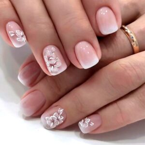Acrylic Press on Nails Short Square Fake Nails White Ombre Glue on Nails Short False Nails with Flower Gloss Designs Nails Press on Artificial Nails Stick on Nails for Women 24Pcs