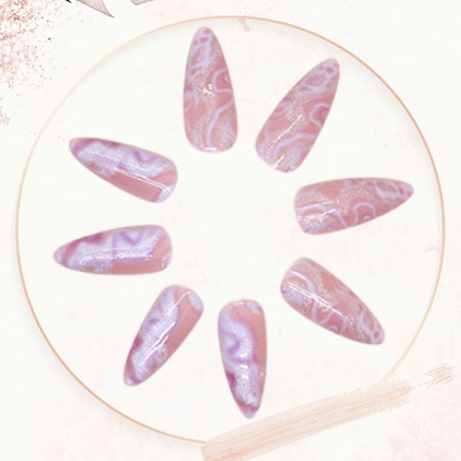 24Pcs Glitter Marble Press on Nails Medium French Tip Fake Nails Nude False Nails with Purple Sparkly Design Glossy Acrylic Nails Full Cover Glue on Nails False Nails for Women Girls Nail Decoration - Image 5