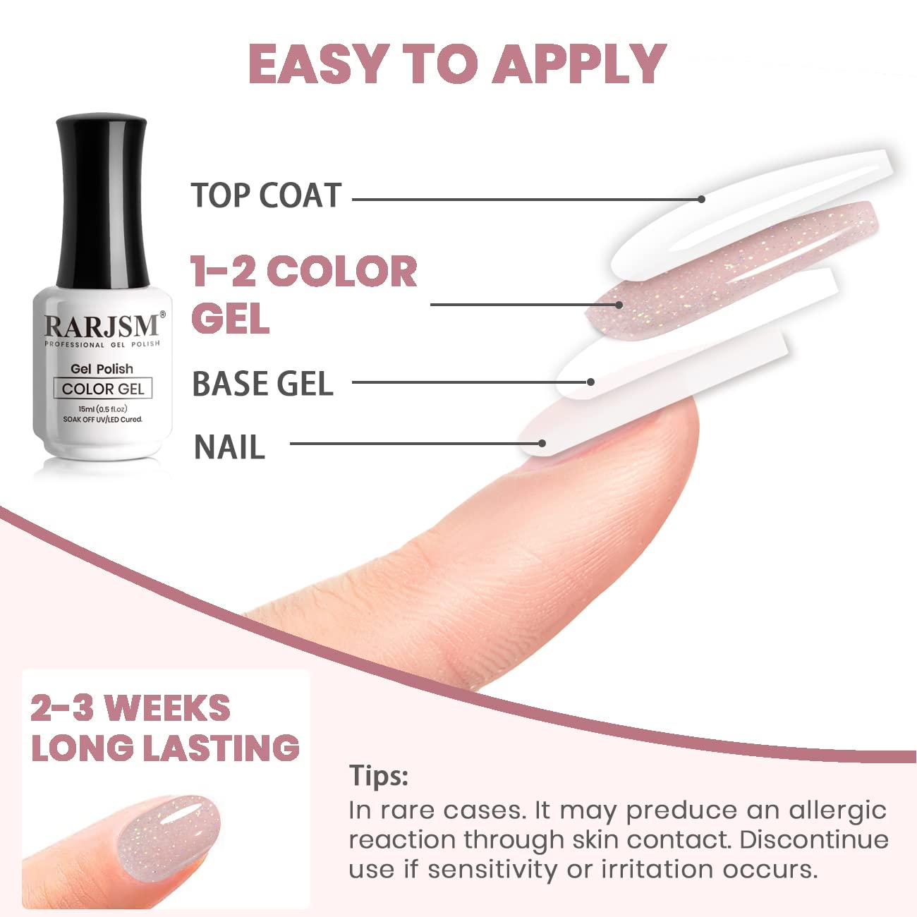 RARJSM Nude Pink Gel Polish Rainbow Glitter Iridescent Shimmer Pigment Jelly Neutral Color Skin Tone 15ml Sparkle Pink Natural Soak off UV LED Cured for Home Salon DIY Nail Art - Image 7