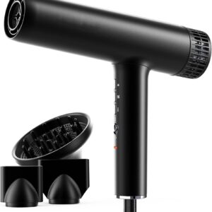 Hair Dryer, Professional Brushless Motor Ionic Hair Blow Dryer with Diffuser, Magnetic Nozzles, 0.83Pound, 2000W, 60dB, 3 Heat Settings & 3 Speed & Cold Settings, Diffuser Hair Dryer, Black