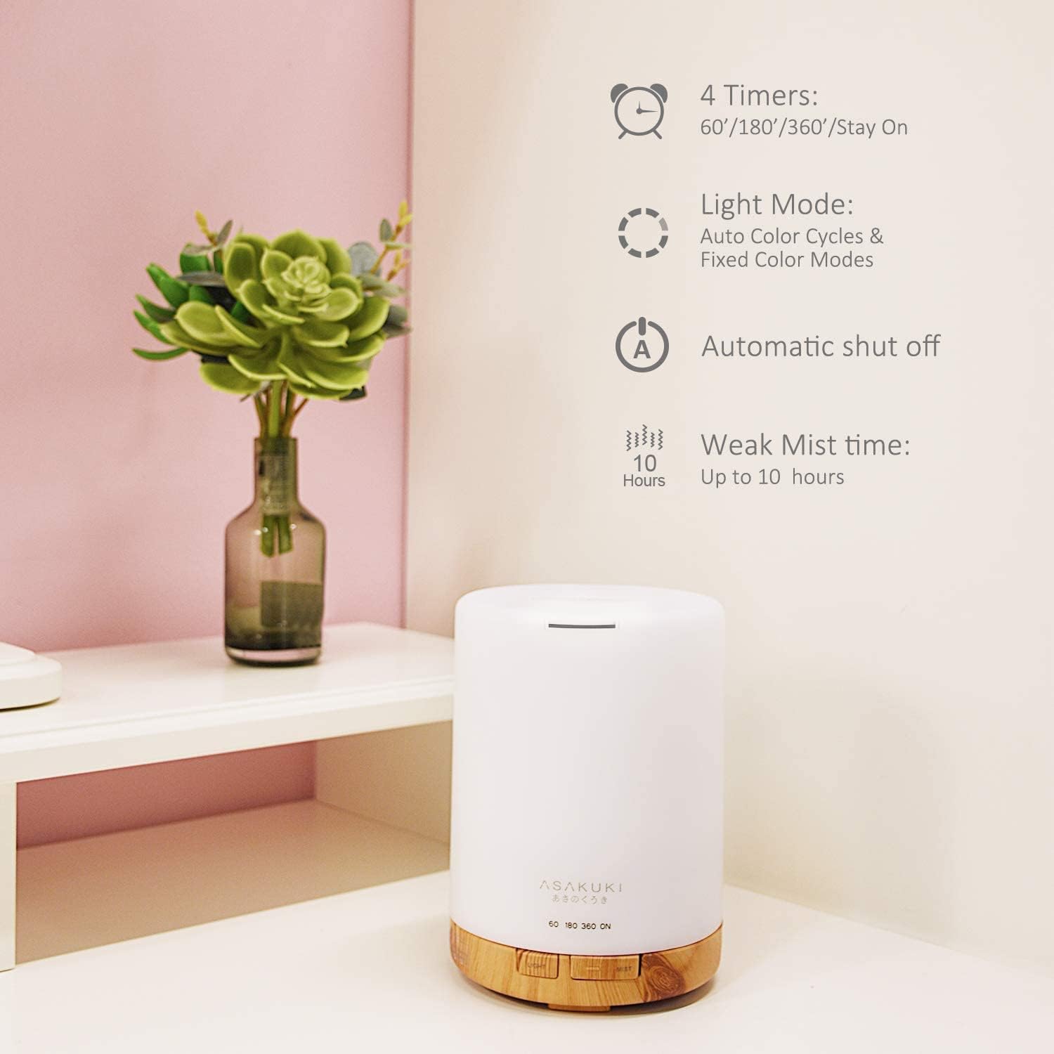 ASAKUKI 300ML Essential Oil Diffuser, Quiet 5-in-1 Premium Humidifier, Home Fragrance Aroma Diffuser with 7 LED Color Changing Light and Auto-Off Switch -Light Brown - Image 3