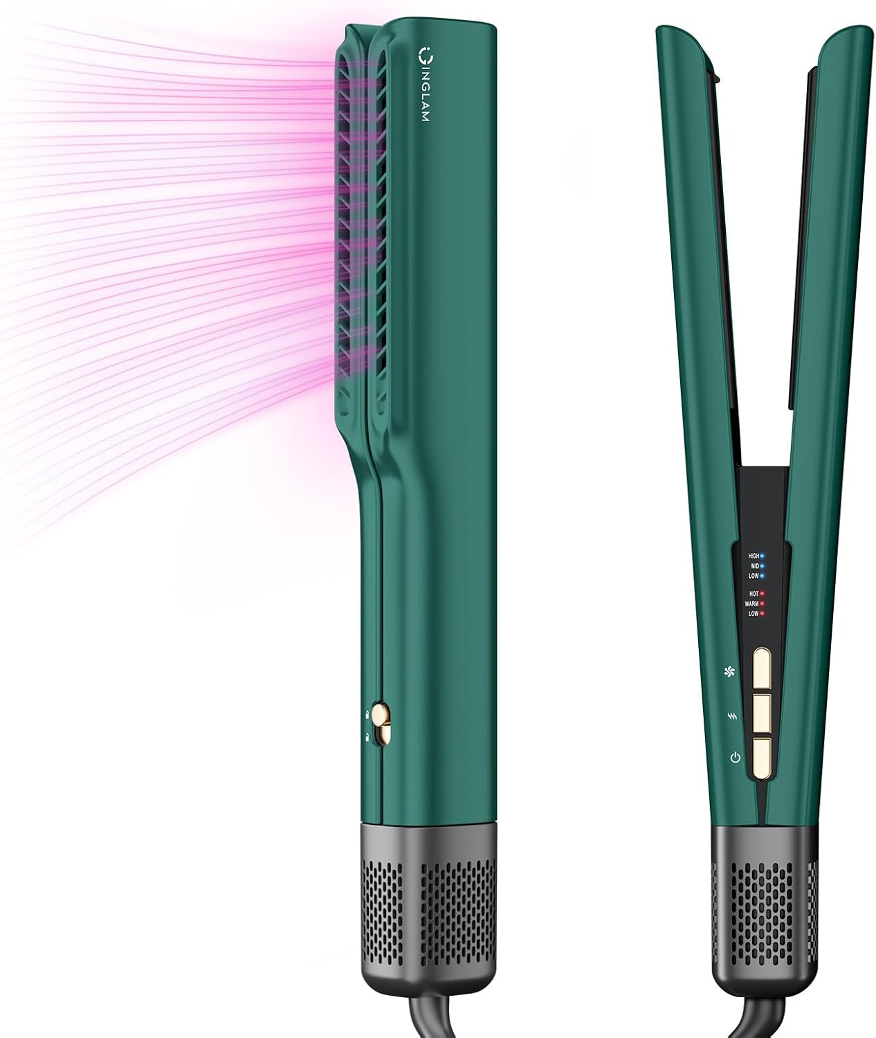 IG INGLAM Air Straight, Style from Wet Hair, 200M Ionic Dryer Straightener for Medium Long Hair (14'-30'), 2 in 1 Fast Drying and Straightening, Dark Green