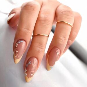 Flower Almond Medium French Tip False Nails with Floral Designs - Glossy Full Cover Acrylic Artificial Cute Stick on Nails for Women - 24pcs