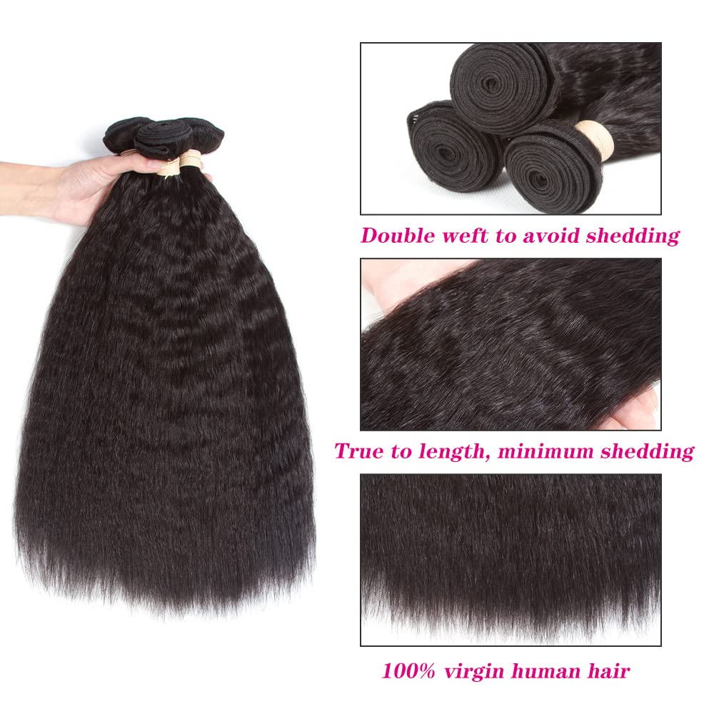 Kinky Straight Bundles, Kerriana 20 22 24 Inch Human Hair Bundles 100% Unprocessed Brazilian 3 bundles For Black Women Natural Black Color - Image 2