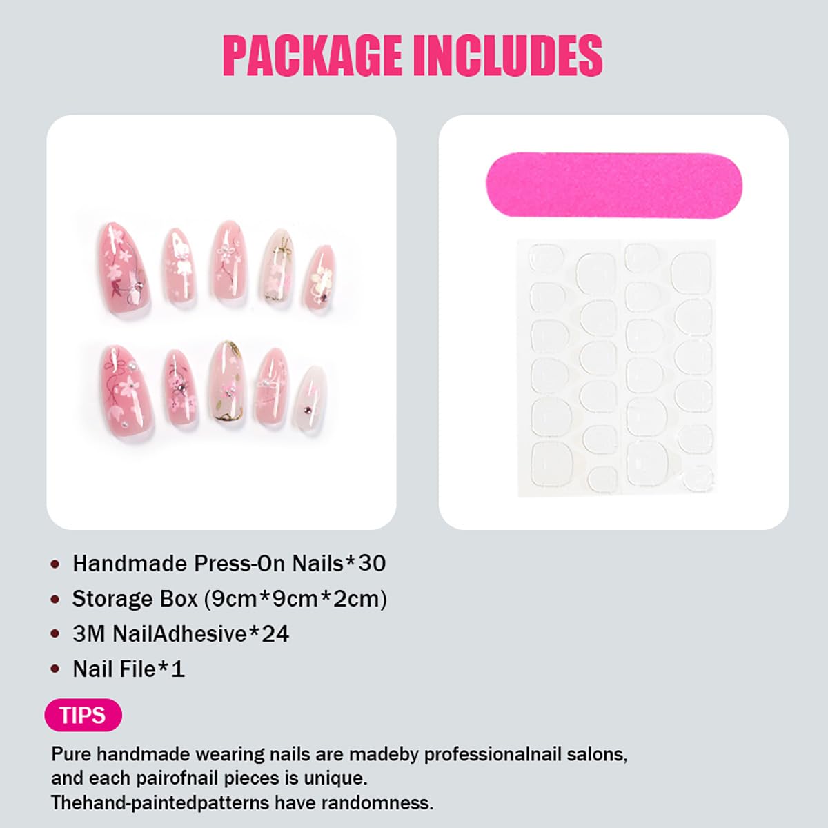 30Pcs Pink Flower Press on Nails Medium Almond Fake Nails Peach Blossom with 3D Rhinestones Pearl Gold Glitter Design Artificial Cute Cat Nails Stick on Nails Spring False Nails for Women Acrylic Nail - Image 5