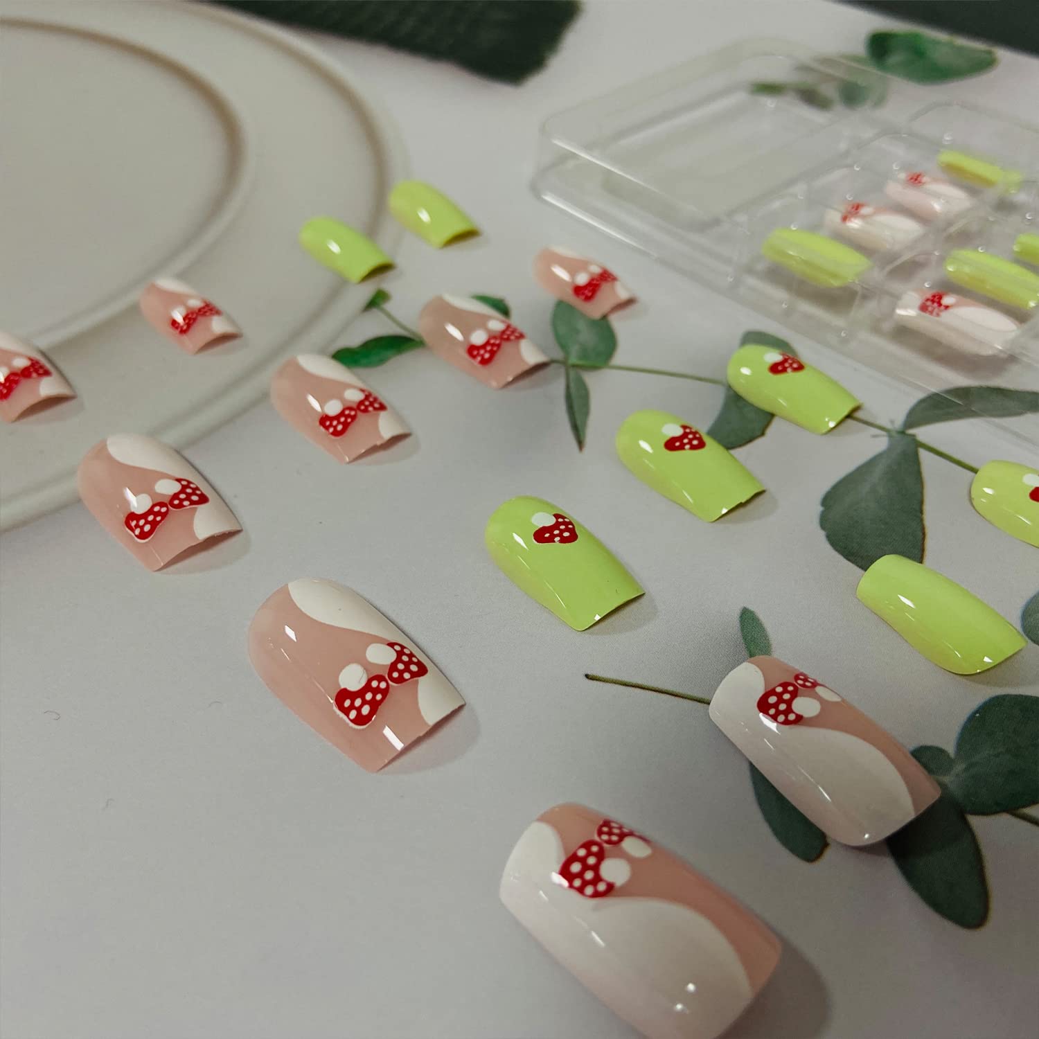 Medium Green Coffin Nails White Swirl Mushroom Design 24 Pc Set - Image 6