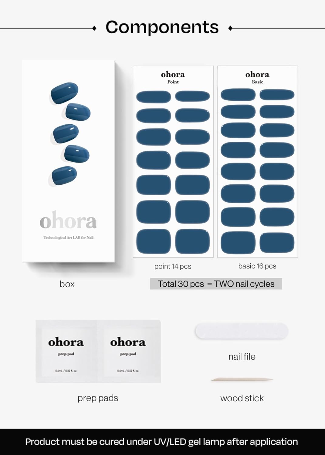 ohora Semi Cured Gel Nail Strips (N Cream Indigo) - Blue, Solid, Works with Any UV/LED Lamps, Salon-Quality, Long Lasting, Easy to Apply & Remove - Includes 2 Prep Pads, Nail File & Wooden Stick - Image 6