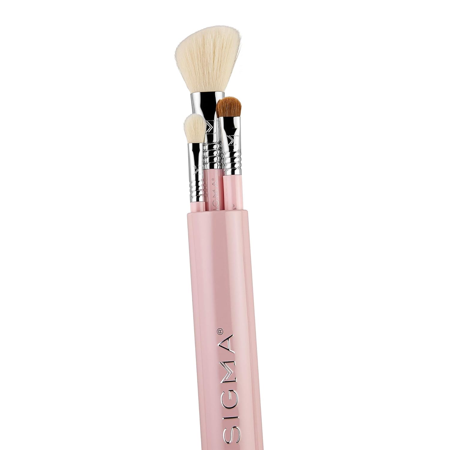 Sigma Beauty Travel Essential Trio - Makeup Brush Set for Foundation Powder Eyeshadow - 3 Tool Brushes with Brush Tin Holder - - Skin Safe, Vegan Makeup Brushes for Travel - Light Pink - Image 2
