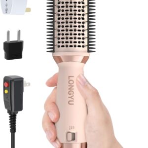 Travel Hair Dryer Brush Dual Voltage Mini Hot Air Blow Dryer Curler Brush Round Blowout Styler Volumizer Tools, 110/240V US/EU/UK Plug for International Travel (Pink)