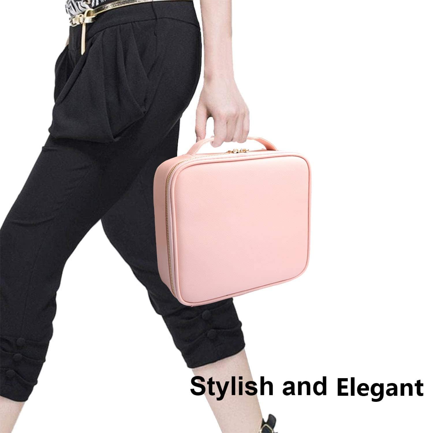 Travel Makeup Case, PU Leather Portable Organizer Makeup Train Case Makeup Bag Cosmetic Case with Adjustable Dividers for Cosmetics Makeup Brushes Women (Pink) - Image 5