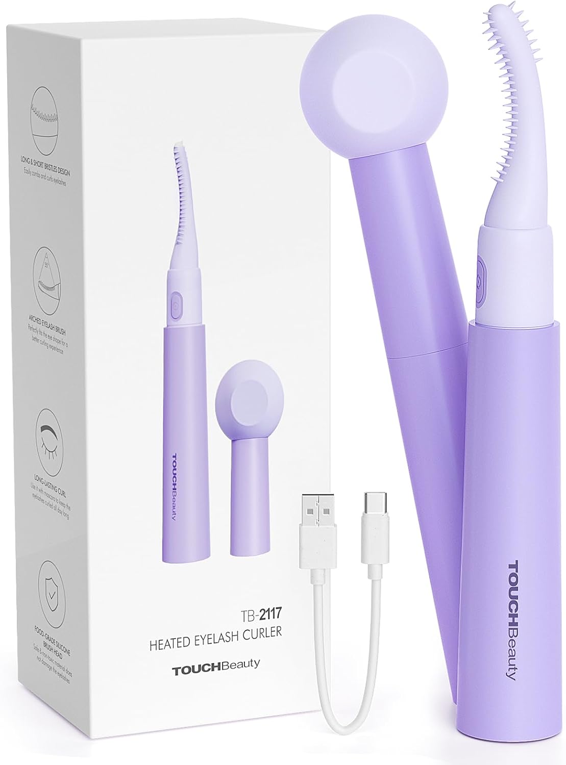Heated Eyelash Curlers, TOUCHBeauty Electric Lash Curler Rechargeable with Dual-Sided Silicone Comb, 2-Level Temperature, No Pinching, Natural Curling Violet