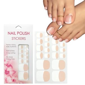 Nail Polish Strips for Toes, No UV Needed, Toe Nail Stickers White French Toenail Gel Nail Strips Pedicure Full Nail Wraps for Women with 1 Wooden Stick, 1 Nail File & 2 Prep Pad