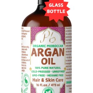 Organic Moroccan Argan Oil – 100% Pure Argan Oil, Cold Pressed, Extra Virgin, Unrefined, for Hair, Face, Skin, Scalp & Body, Hair Treatment, Glass Bottle with Pump 16 fl oz