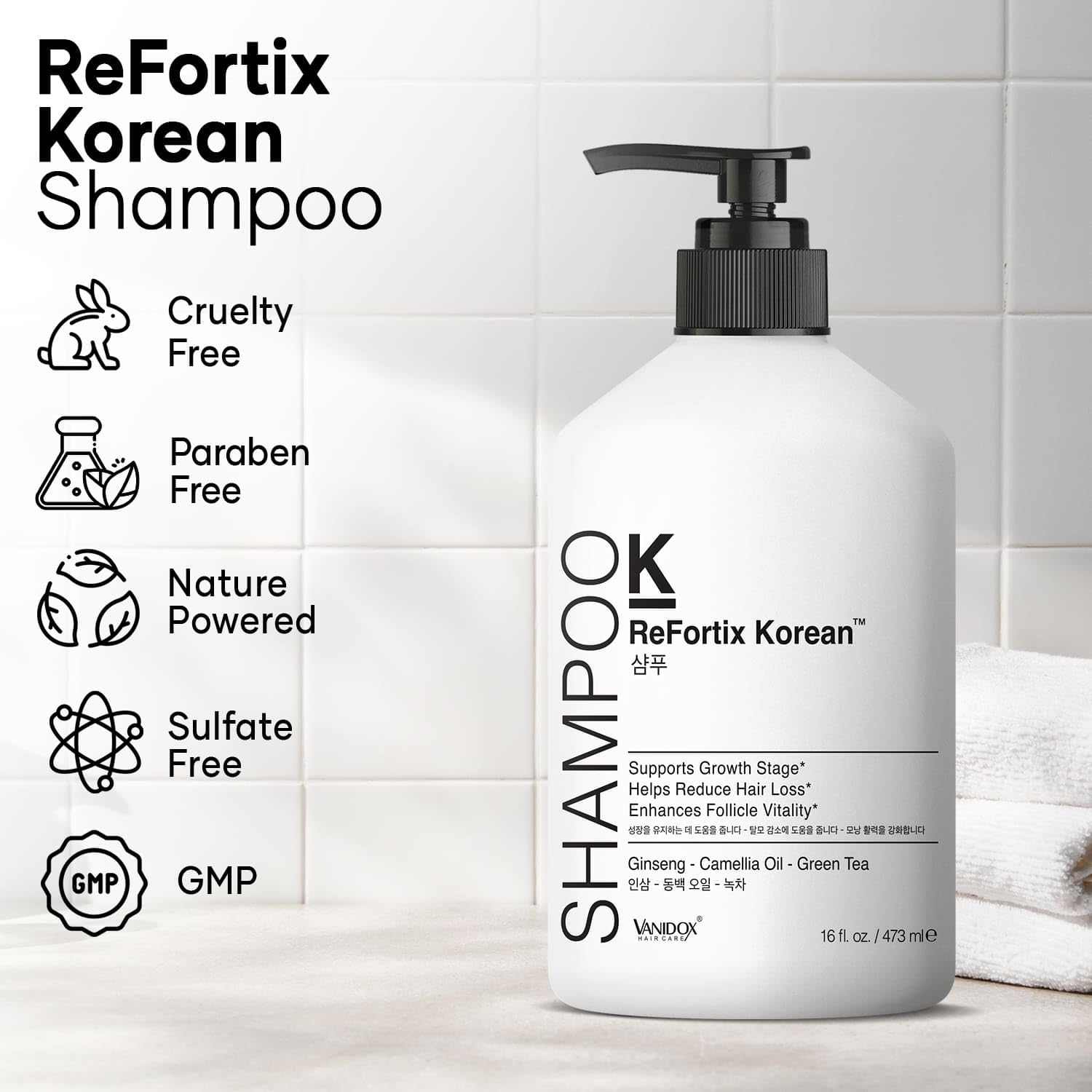 ReFortix Korean Shampoo, Enriched with Ginseng, Green Tea, and Camellia Oil, Supports Growth Stage and Helps Reduce Hair Loss for Stronger Hair (16 fl oz) - Image 2