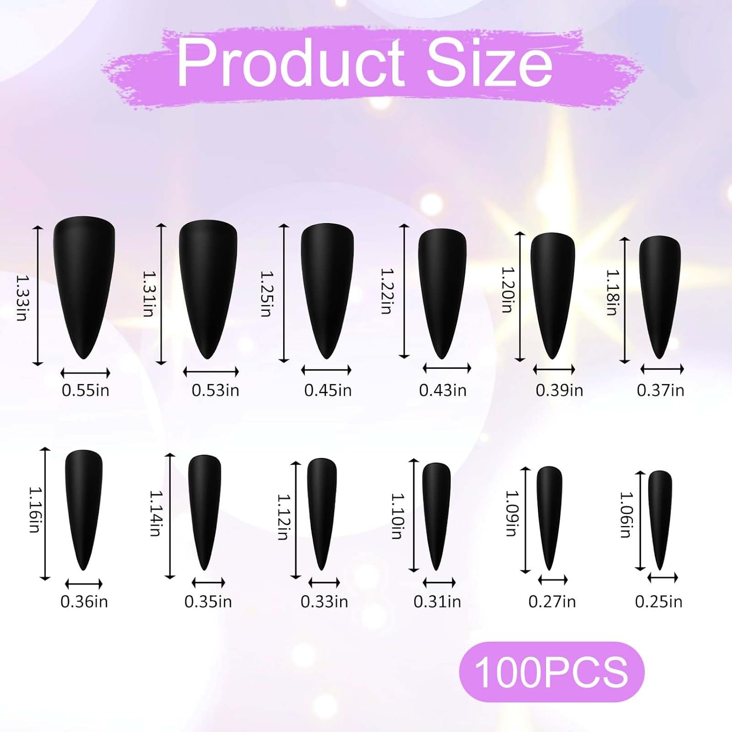 Stiletto Press on Nails, 100 PCS 10 Sizes Black Stiletto Nails Matte Black Press on Nail Artificial Solid Color Full Cover Acrylic Fake Nail Tips for Women and Girls DIY Manicure - Image 2