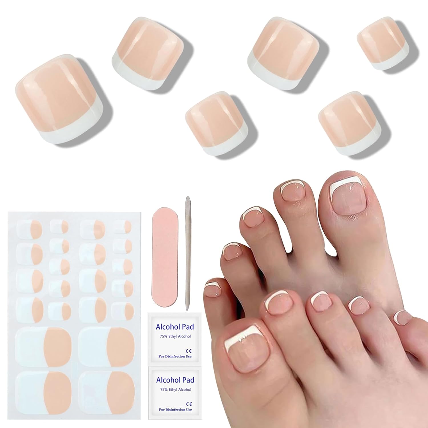 Nail Polish Strips for Toes, No UV Needed, Toe Nail Stickers White French Toenail Gel Nail Strips Pedicure Full Nail Wraps for Women with 1 Wooden Stick, 1 Nail File & 2 Prep Pad - Image 2