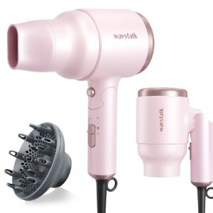 Wavytalk Blow Dryer with Diffuser, Mini Hair Dryer with Folding Handle, 1600W Quiet Lightweight Hairdryer with Diffuser Compact Design, Pinky White