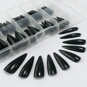 Glossy Fake Nail 100pc Full Cover Acrylic Black Long Stiletto Press on Nails art Tips False Nail for Beginner Women and Girls Manicure(Black)