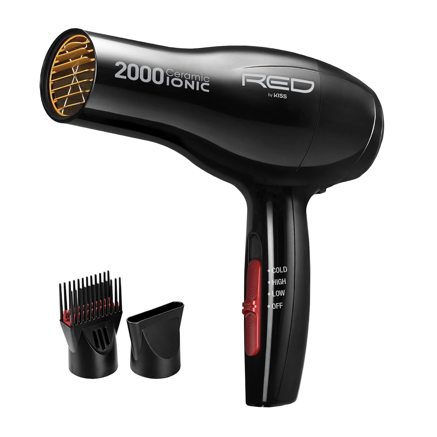RED by Kiss Hair Dryer Ionic Hair Blow Dryer - Ceramic Technology, Anti-Frizz, 3 Heat Settings, Lightweight, 2 Detangler Piks