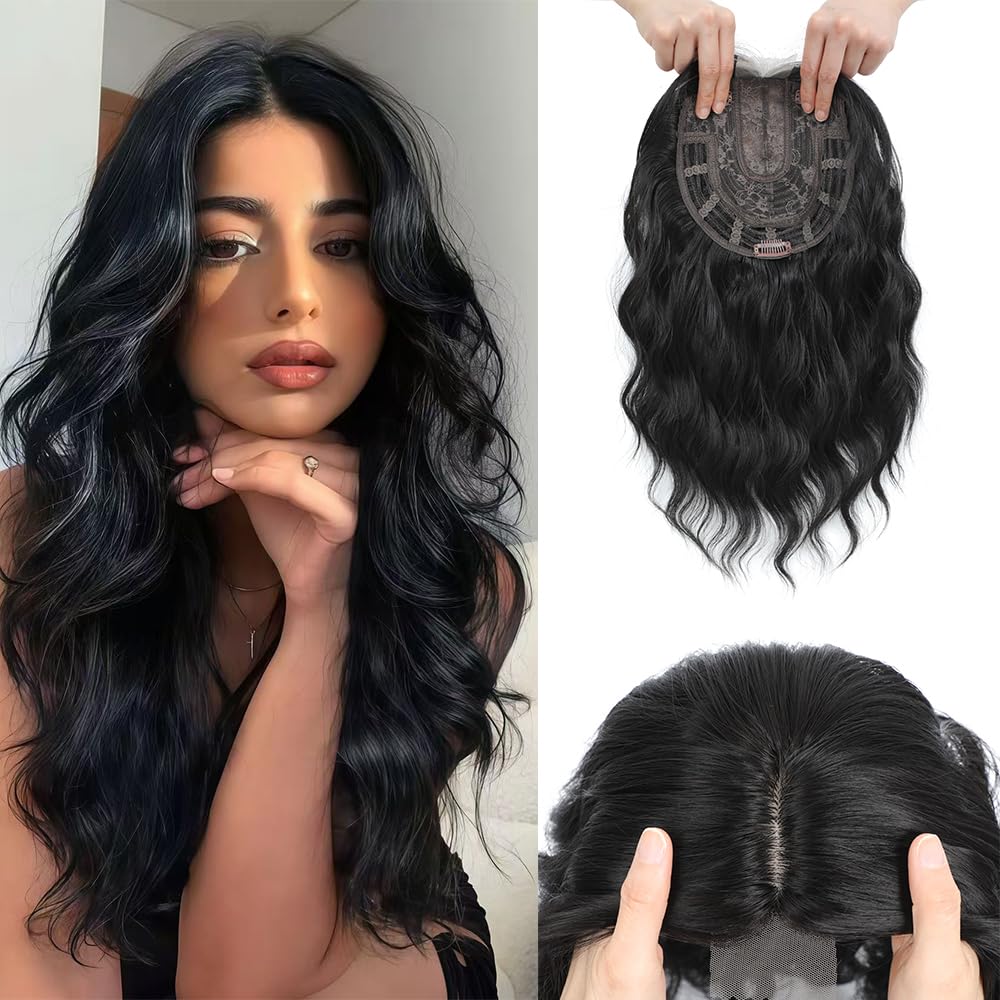 Hair Toppers for Women with Thinning Hair, 3D Toppers Pieces for Women Middle Part Clip in Bangs Synthetic Curly Wavy Daily (Black, Side bangs)