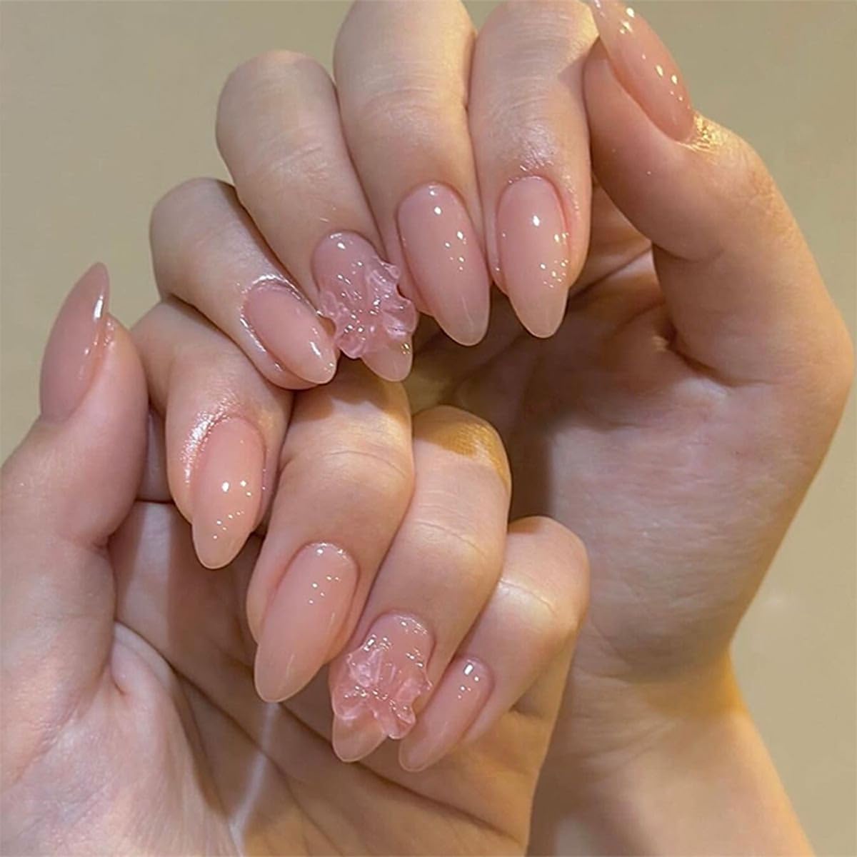Nude Pink Press on Nails Short Almond Fake Nails Holiday False Nails with 3D Clear Bow Designs Cute Charms Acrylic Stick on Nails Full Cover Glue on Nails Holiday DIY for Women Girls 24Pcs