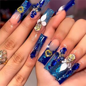Royal Blue Press on Nails Long Length Square Shape Acrylic Fake Nails with Rhinestones Designs False Nails Mother'S Day Gift 24pcs