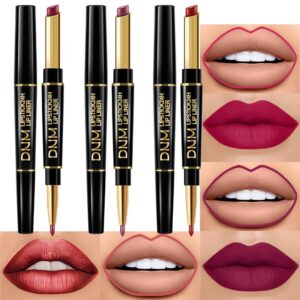 BINGBRUSH 3Pcs Double Ended Plum Purple Matte Lip Liner and Lipstick Makeup Combo Set for Women, Mauve Red Lipliner 24 Hours Original Waterproof Long Lasting Lip Stains Pencil Kit Set