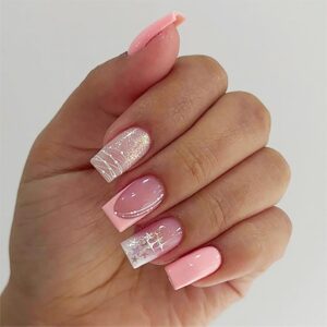 Medium Square Pink French Tips Press on Nails Silver Stars False Nails Curve Line Acrylic Fake Nails Glossy Pink Gradient Stick on Nails Purple Ombre Gel Glue on Nails for Coquette Women Girls 24Pcs