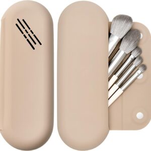 Makeup Brush Holder Magnetic Closure Make Up Brushes Organizer Silicone Makeup Bag Travel Essentials (Khaki)