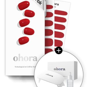 ohora Bundle Set (N Addict Starter Kit) - Red Solid Gel Nail Strips with UV/LED Lamp and Mini Remover, Salon-Quality, Long Lasting, Easy to Apply & Remove - Includes Prep Pads, Nail File, Wooden Stick