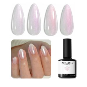 Modelones Pearl Glitter Gel Nail Polish, 15 ML Shine White Nail Polish Iridescent Shimmer Mermaid Pastel Chrome Nails Soak Off Led Pearlescent Polish Swirl Shell Thread Effect DIY Gift