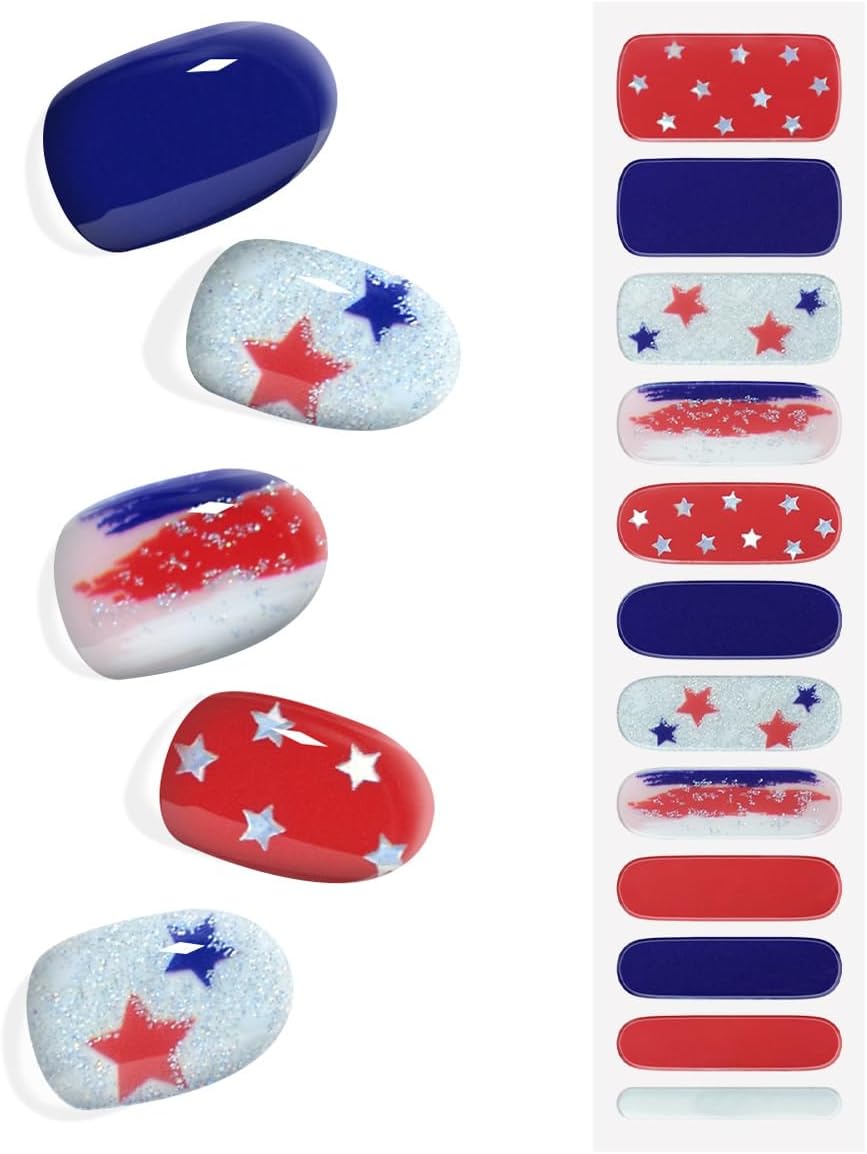 Semi Cured Gel Nail Strips 4th of July Patriotic Extra Long Salon-Quality Gel Nail Stickers Independence Day Long Lasting Nail Wraps for Women Short Nails (Liberalism P11)